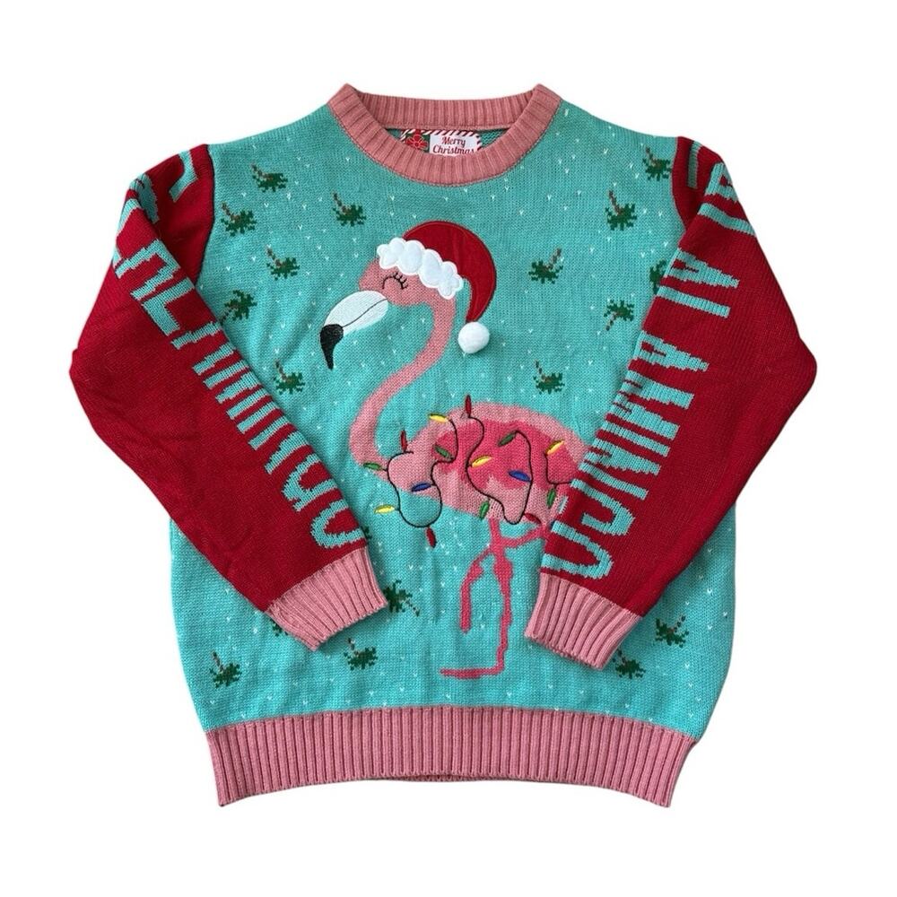 Merry Christmas Women's size Small 100% Acrylic Flamingo Pullover Sweater Ugly